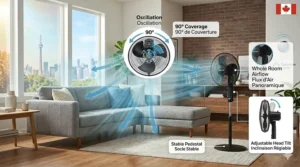 Technical diagram of a Honeywell pedestal fan's oscillating airflow pattern for maximum room coverage.