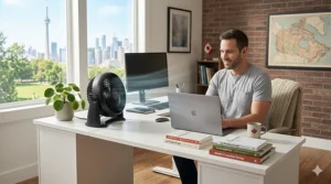 A compact Honeywell TurboForce fan sitting on a home office desk, perfect for remote workers in Canada.