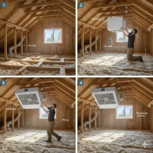 Step-by-step illustration of a professional house ventilation fan system installation in a standard residential attic space.