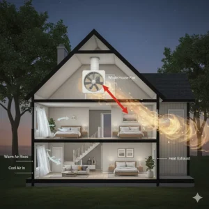 Diagram showing how a whole house ventilation fan system pulls cool evening air through windows and exhausts heat through the attic.