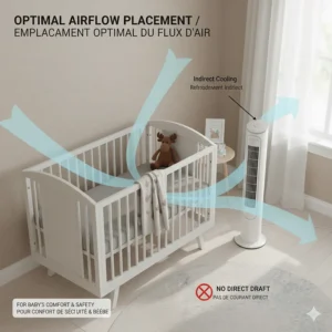 Diagram showing the best placement for a fan for baby room to ensure indirect airflow and consistent cooling.