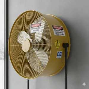 Illustration of industrial fan safety features with bilingual English and French warning labels for Canadian workplaces.