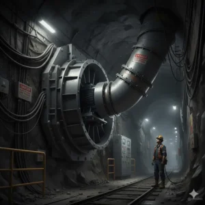 Technical illustration of a high-pressure industrial fan used for underground ventilation in a Canadian mining operation.