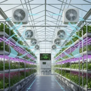 Diagram of an industrial fan system optimizing airflow within a Canadian commercial greenhouse or vertical farm.