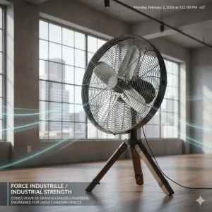 A heavy-duty high-velocity floor fan designed for maximum cooling in large, hot Canadian residential spaces.