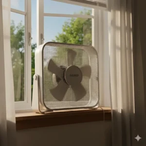 A white Lasko box fan positioned in a window to pull fresh evening air into a home, an energy-efficient cooling method for Canadian provinces.