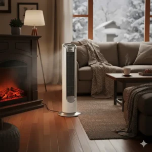 Illustration of a Lasko fan used alongside a fireplace to circulate warm air through a room during a cold Canadian winter.