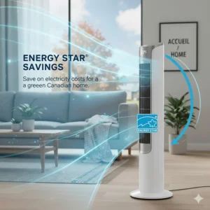 Infographic of a Lasko fan with an Energy Star symbol, highlighting electricity savings for eco-conscious Canadian homeowners.