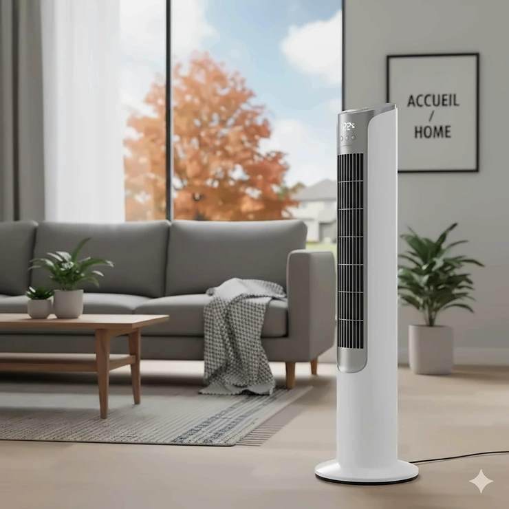 A sleek Lasko tower fan oscillating in a modern Canadian living room with a view of a suburban maple tree through the window.