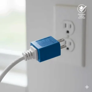 Close-up of the Lasko Blue Plug patented safety fuse technology, meeting Canadian electrical safety standards for home appliances.