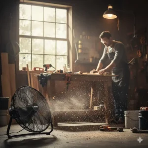 Durable Lasko high-velocity floor fan in a garage workshop, ideal for DIY projects and air circulation in Canadian households.