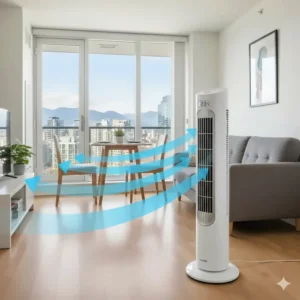 Space-saving Lasko oscillating fan in a compact Vancouver condo, showing wide-angle air distribution for small urban living spaces.