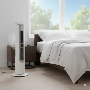 Quiet Lasko tower fan with remote control on a wooden floor in a bedroom, providing overnight cooling during a Canadian summer heatwave.