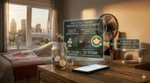 Illustration showing how the most energy efficient fan saves money on Canadian utility bills, featuring a loonie symbol for local relevance.
