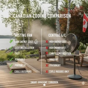 Comparison chart showing the cost-effectiveness of an outdoor misting fan versus outdoor AC units in Canada. Comparaison entre ventilateur brumisateur et climatisation.