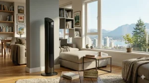 A stylish, minimalist tower fan blending into a contemporary Canadian home interior design.