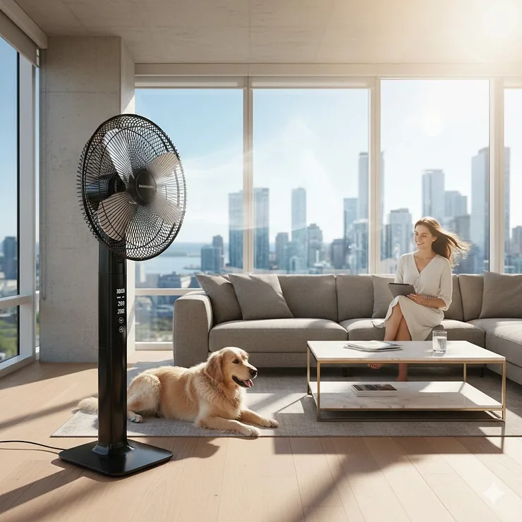 A sleek, high-velocity pedestal fan cooling a sunlit modern Canadian living room during a summer heatwave.