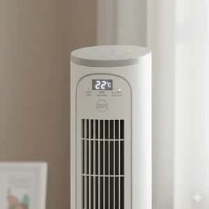 Close-up of nursery fan interface with bilingual English and French instructions for Canadian parents.