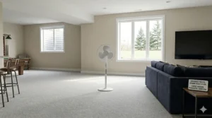 A powerful pedestal fan providing wide-reaching airflow in a spacious Canadian family basement.