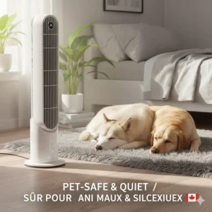 A pet-safe bladeless fan for sleeping, keeping a Canadian household cool and secure for cats and dogs.