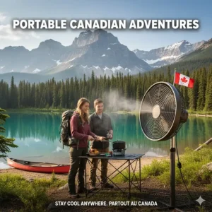 Lightweight outdoor misting fan used at a lakeside campsite in British Columbia. Ventilateur brumisateur portable pour le camping au Canada.