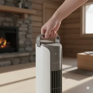 Close-up of a portable budget tower fan under $50 being carried by its handle in a Canadian lakeside cottage setting.