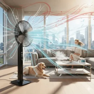 Diagram showing how the most powerful fan for a hot room circulates air to lower perceived temperature through evaporative cooling.