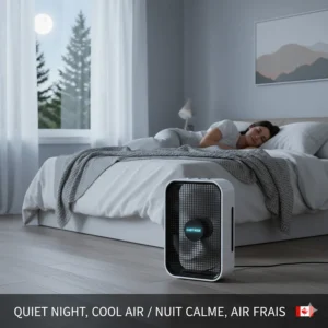 A quiet-operating box fan placed in a Canadian bedroom for a comfortable night's sleep.