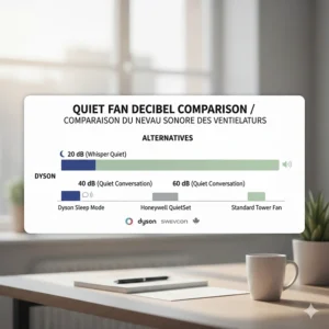 Decibel level chart comparing Dyson Sleep Mode noise levels to Honeywell QuietSet and standard tower fans.
