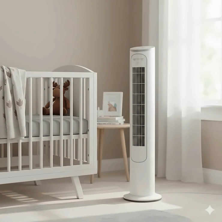 A quiet white oscillating tower fan placed safely in a modern Canadian nursery near a wooden crib.