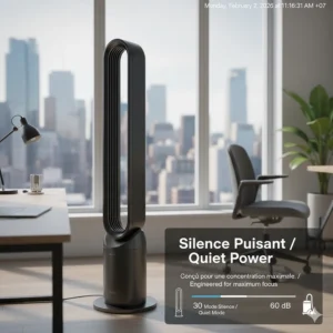 Infographic showing low decibel levels of a powerful fan suitable for a quiet Canadian home office.