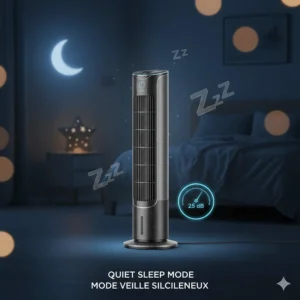 Illustration of a quiet smart tower fan in a bedroom, highlighting ultra-silent operation for better sleep during Canadian summers.