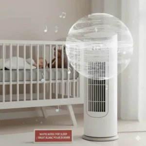 Sound wave illustration representing the soothing white noise of a quiet fan for baby room sleep cycles.