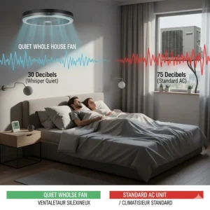 Infographic comparing the low noise levels of a quiet whole house fan system to standard HVAC units in a peaceful bedroom setting.