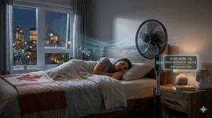 Illustration of a quiet, energy efficient fan in a bedroom setting, perfect for staying cool during humid nights in Southern Ontario or Quebec.