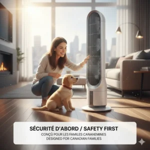 Safe, powerful fan for a hot room featuring a protective grill, ideal for Canadian households with pets and children.