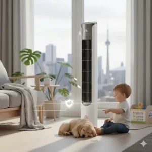 A safe, bladeless-style budget tower fan under $50 operating near a child and a pet in a Canadian home.