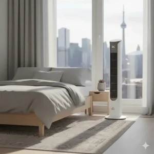 A space-saving budget tower fan under $50 tucked into the corner of a compact condo bedroom in a Canadian city.