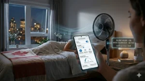 Digital illustration of a smart home app in English and French controlling the most energy efficient fan for optimized power consumption.