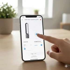 Smartphone displaying a bilingual smart home app controlling a fan, compatible with Google Home and Alexa in Canada.