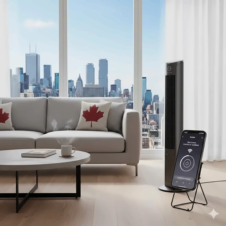 A modern smart tower fan in a minimalist Canadian living room, showing app-controlled cooling features for energy-efficient home comfort.