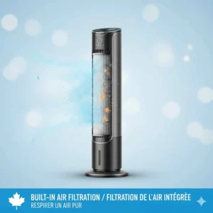Illustration of a smart tower fan with a built-in air filter to improve indoor air quality during Canadian allergy seasons.