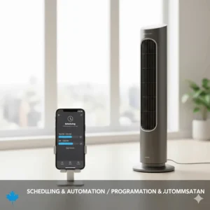 Smart tower fan automation graphic showing how to schedule cooling cycles for daily routines.