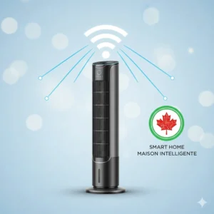 Illustration of a smart tower fan connecting to a home Wi-Fi network for voice-controlled cooling in Canada.