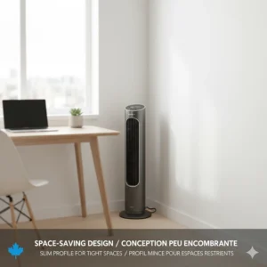 Slim smart tower fan designed for space-saving cooling in small Canadian apartments and home offices.