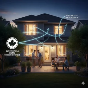 Lifestyle illustration of a sustainable Canadian home featuring a whole house fan system to improve indoor air quality.