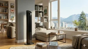 Space-saving tower fan tucked into the corner of a modern Canadian urban condo.