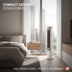 Space-saving tower fan for sleeping in a compact urban Canadian apartment or condo.