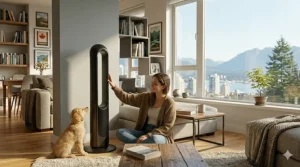 A bladeless tower fan design, a safe cooling option for Canadian families with young children or pets.