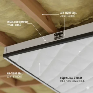 Close-up illustration of a whole house fan attic shutter system designed with a tight seal for cold Canadian winters.